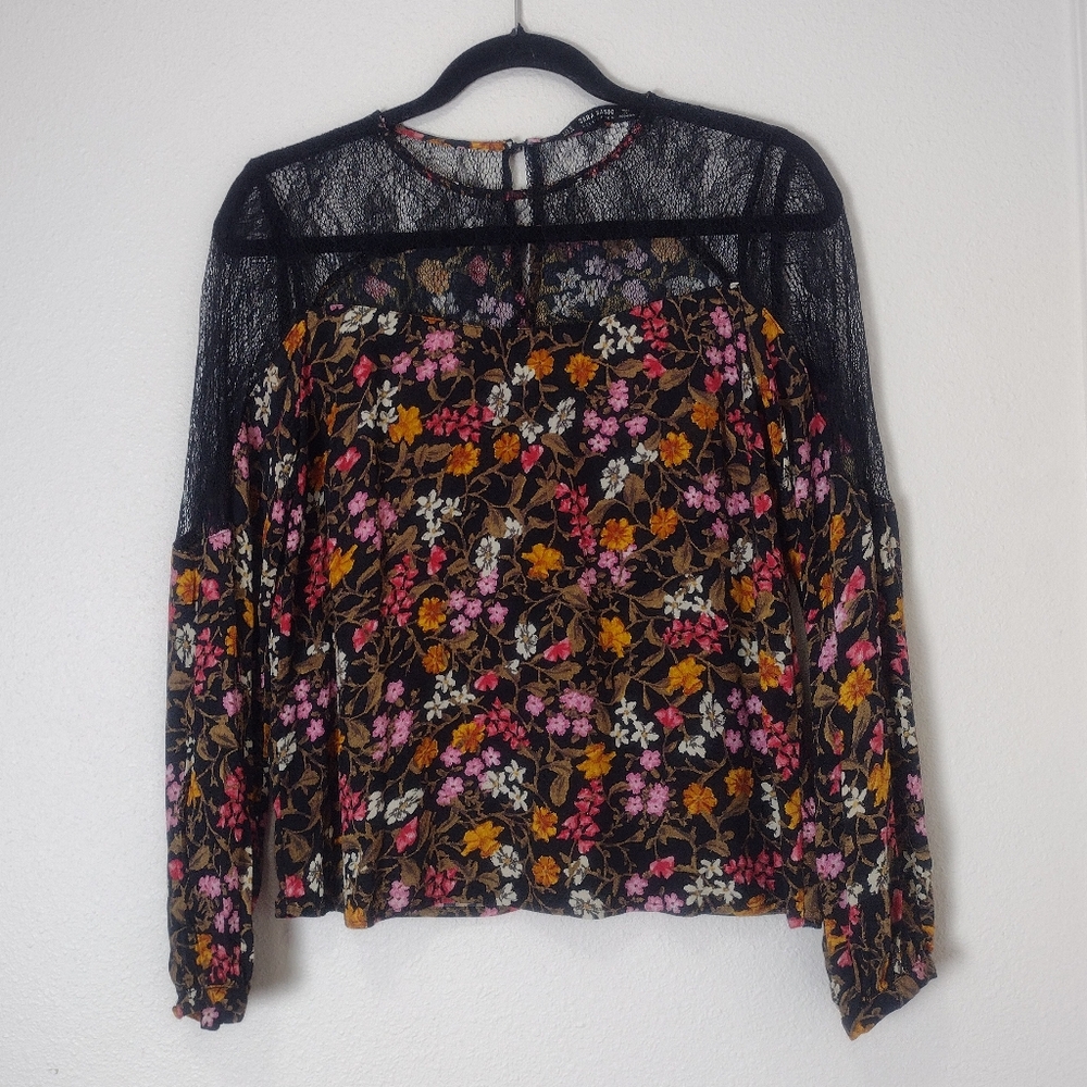 Zara Dark Floral Sheer Lace Panel Long Sleeve Whimsigoth Blouse Black Size Small